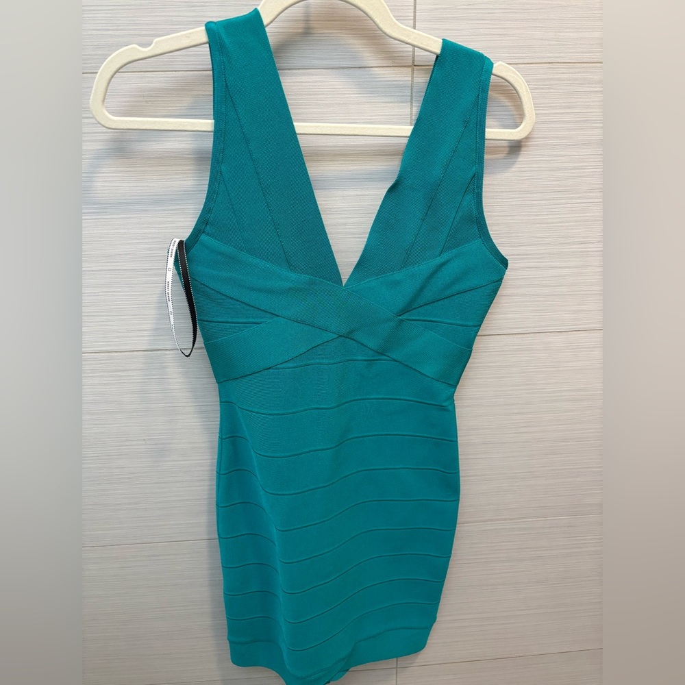 Herve Leger M turquoise v neck mini bandage dress